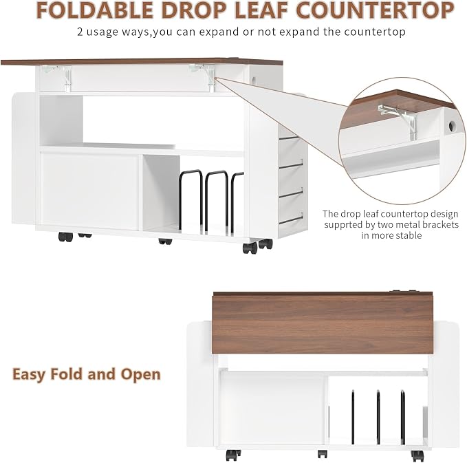 Gift Wrap Storage Cart with Foldable Drop Leaf, Crafting Table with Storage | - Image 4