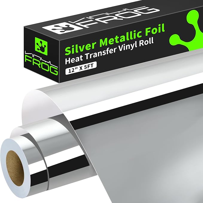 VINYL FROG Silver Metallic Foil Heat Transfer Vinyl 12" x5ft Silver HTV Vinyl by VINYLFROG