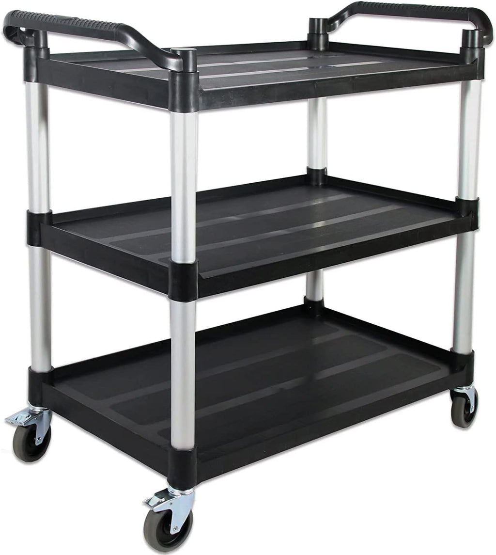 Service Cart with Wheels Lockable Large Size, Plastic Restaurant Cart Heavy Duty, Utility Commercial Cart for Office, Warehouse, Foodservice,40.1" L x 19.2" W x 38.5" H. Black (Large)