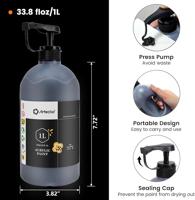 Artecho White and Black Acrylic Paint 1000ml / 33.8 fl oz Pump Dispenser | - Image 4