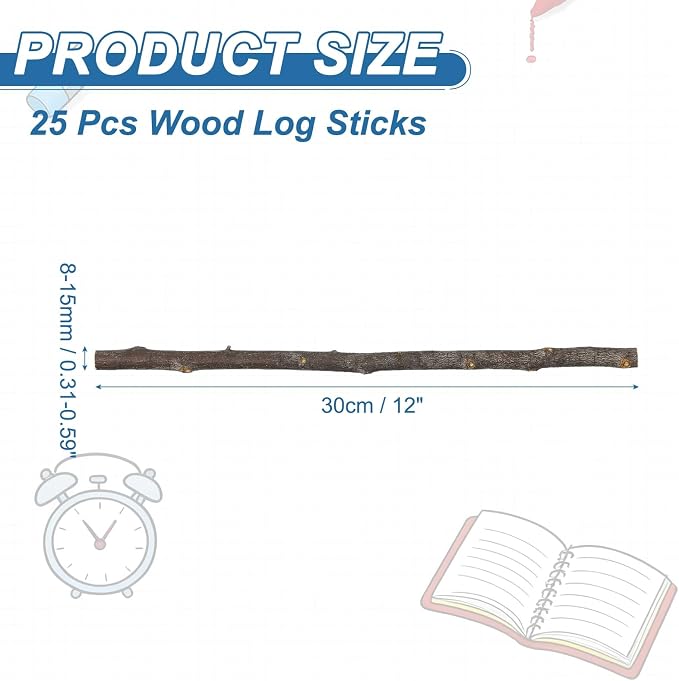 PATIKIL 25 Pcs 12inch Wood Log Sticks, 0.31-0.39inch in Diameter Natural - Image 2