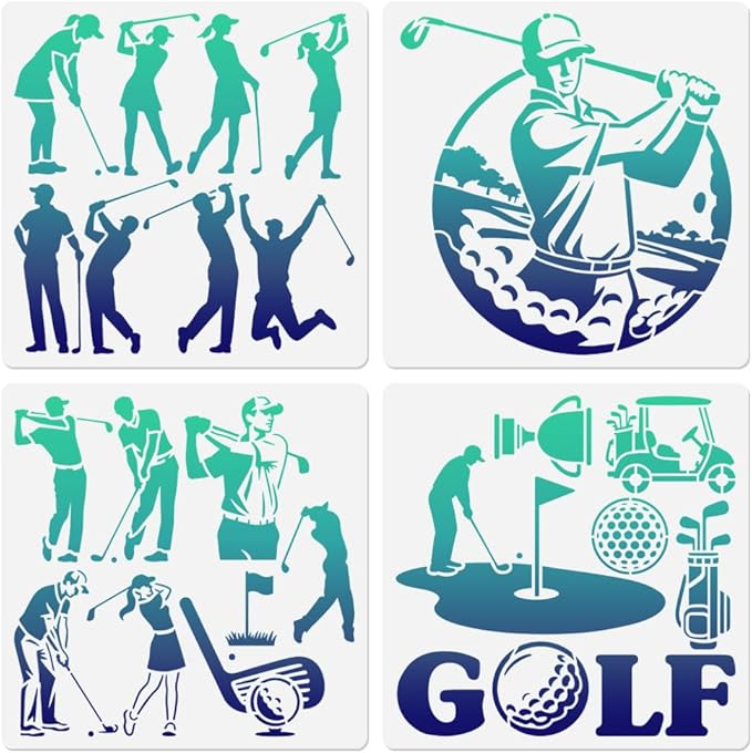 4Pcs Golfer Stencils for Painting, 11.8"x11.8" Reusable Play Golf Stencil by Doodlream
