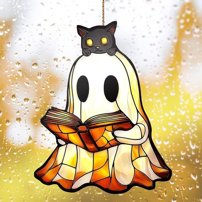 Cute Ghost and Black Cat Reading Acylic Suncatcher Ornament Book Window Hanging by Unknown