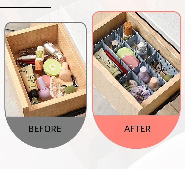 Adjustable Drawer Divider Kit – 8 Pack (White + Blue) – DIY Expandable Drawer Organizer for Dresser, Kitchen, Bathroom