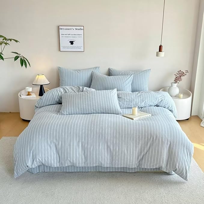 PinkMemory Blue Striped Duvet Cover Set King 100% Washed Cotton Blue Stripes - Image 2