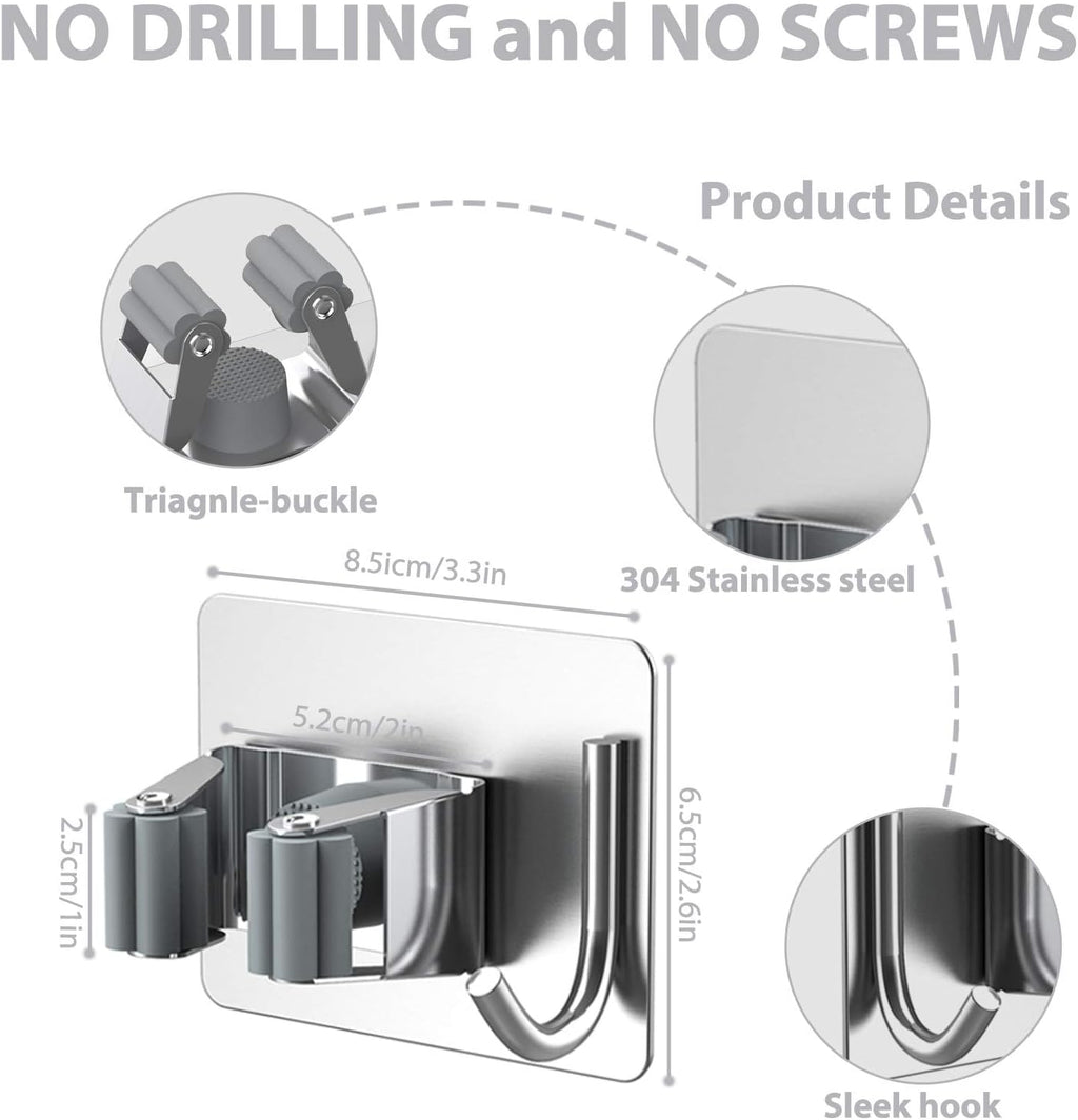 Mop Broom Holder No Drill, Mop Broom Organizer Wall Mounted Heavy Duty with Hooks Hanger, Self Adhesive Stainless Steel 4Pcs for Bathroom, Kitchen, Office (Silver)