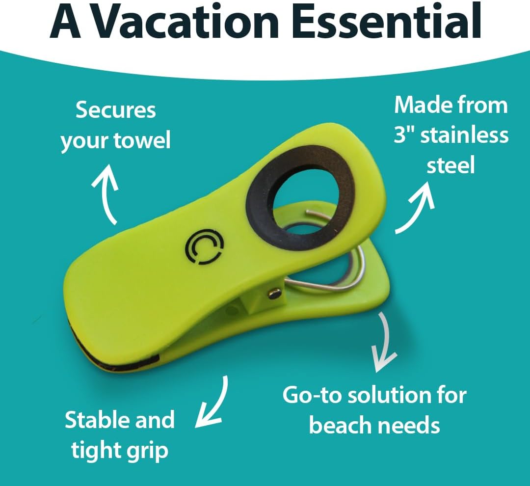 CoreClips Towel Clips for Beach Chairs - Set of 4 Pool Towel Holder Clips for Lounge Chairs on Cruise, Large 2.5” Opening Heavy Duty Clip for Towels on Boat Loungers with Travel Pouch - Green