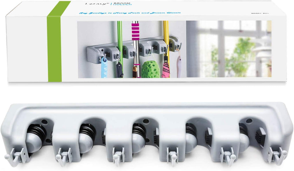 LETMY Broom Holder Wall Mounted - Mop and Broom Hanger Holder - Garage Storage Rack & Garden Tool Organizer - 5 Position 6 Hooks for Home, kitchen, Garden, Tools, Garage