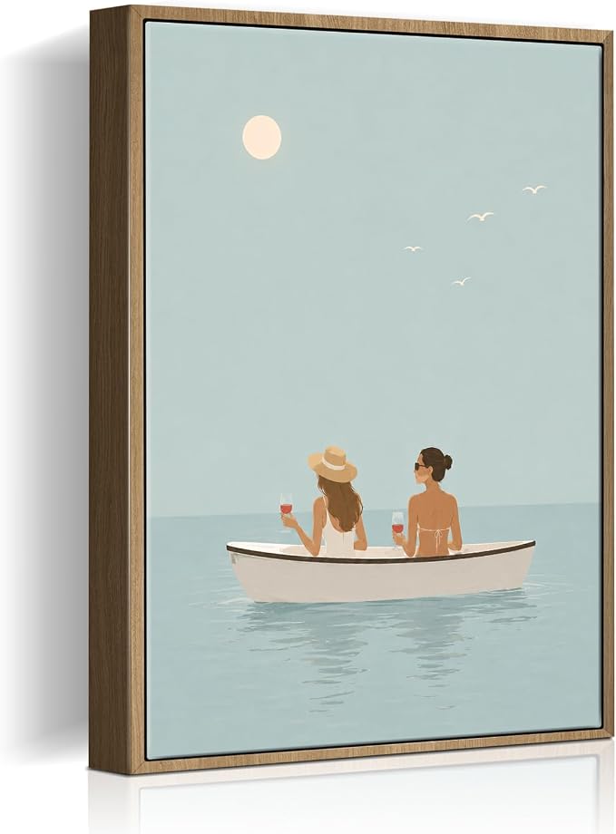 Framed Coastal Women Boat Canvas Wall Art Minimalist Calm Ocean by HomeifHue