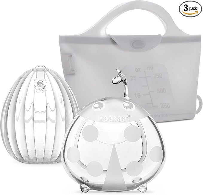 haakaa Milk Collector Set - 75ml Shell Pump, 75ml Milk Collector & 750ml Steriliser Bag - Hands-Free Wearable Breast Pump, Passive Silicone Milk Catcher for Breastfeeding Mom