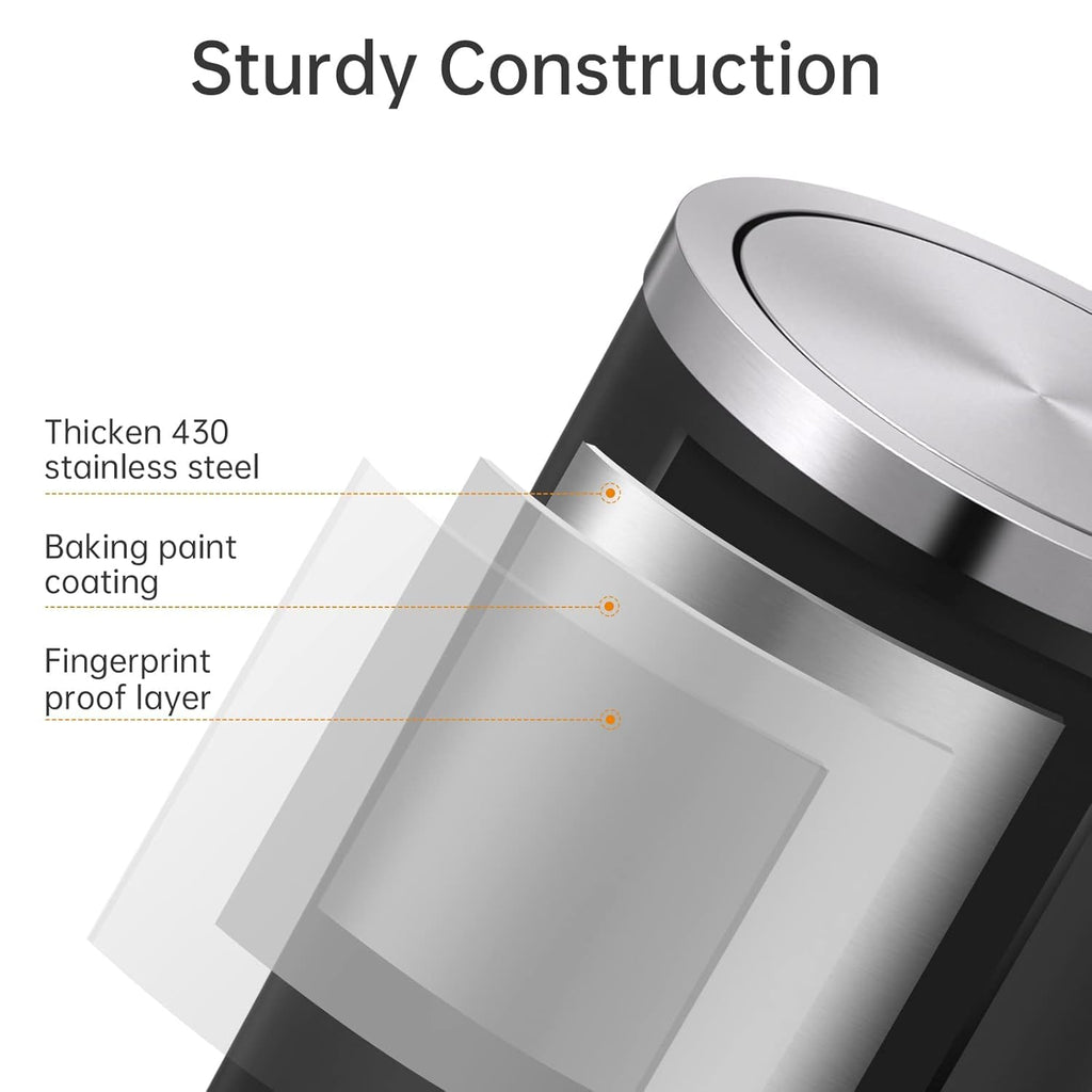 Mbillion Small Trash Can with Swing Lid 4 Gallons/15 Liter, Mini Trash Can with lid, Stainless Steel Cylindrical Garbage Can for Home and Office, for Ground and Desktop(Black)