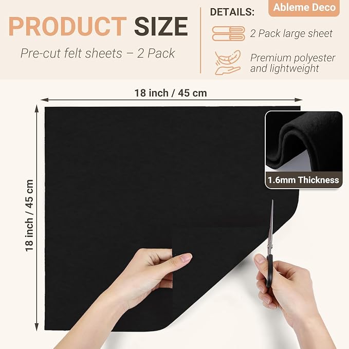 Black Felt Fabric Sheets 18" x 18" 1.6mm Soft Craft Felt Squares | Soft Precut - Image 2