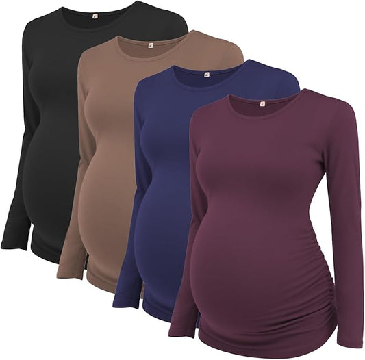 Ecavus Women's Maternity Shirts Long Sleeve Soft Stretchy Pregnancy Tops Side Ruched Casual Mama Clothes