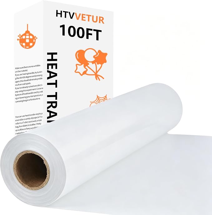 HTVVETUR White Iron on Vinyl Roll 12" x 100ft, HTV Heat Transfer Vinyl by HTVVETUR