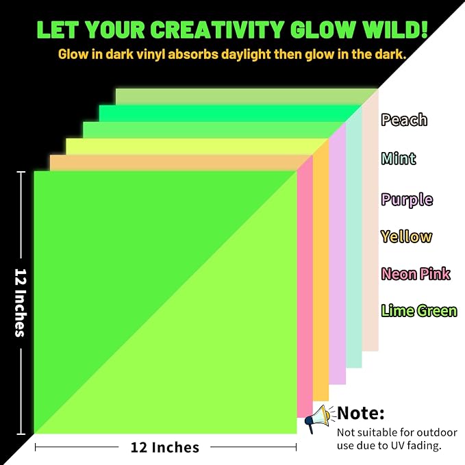 TECKWRAP Glow in Dark Matte Neon Adhesive Craft Vinyl Precut Sheets 12" x 12" 6 - Image 2
