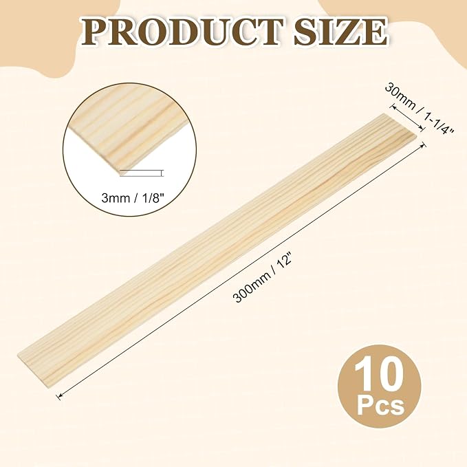 MECCANIXITY 10Pcs Wood Strips Slats, 1/8" x 1‑1/4" x 12" Thin Wood Sticks Flat - Image 2