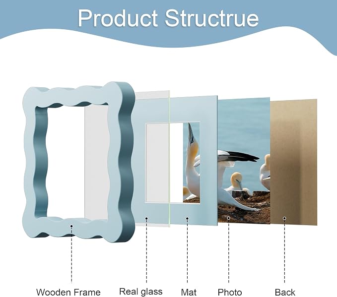 4x4 Picture Frame with Mat for 3x3, Wavy Edge Wooden Real Glass Photo Frame for - Image 5