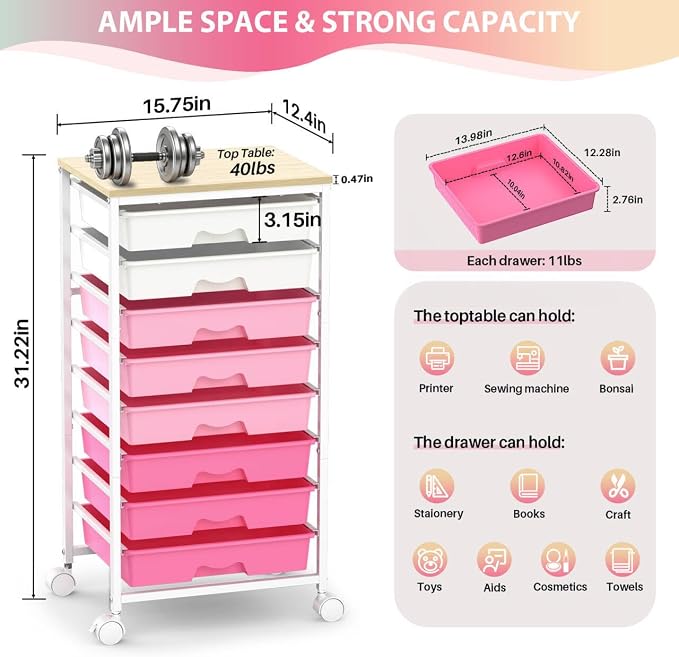 Goovilla Rolling Cart with Drawers, Utility Cart Organizer with 8 Removable - Image 2