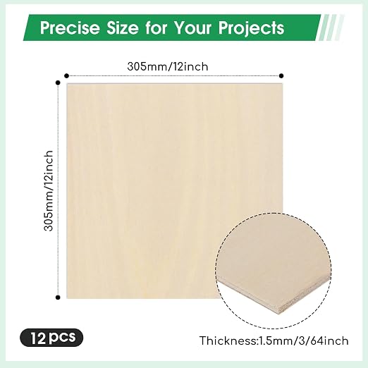 12 Pack Basswood Sheets 12"×12"×3/64" Unfinished Plywood Sheet | Smooth Thin - Image 2
