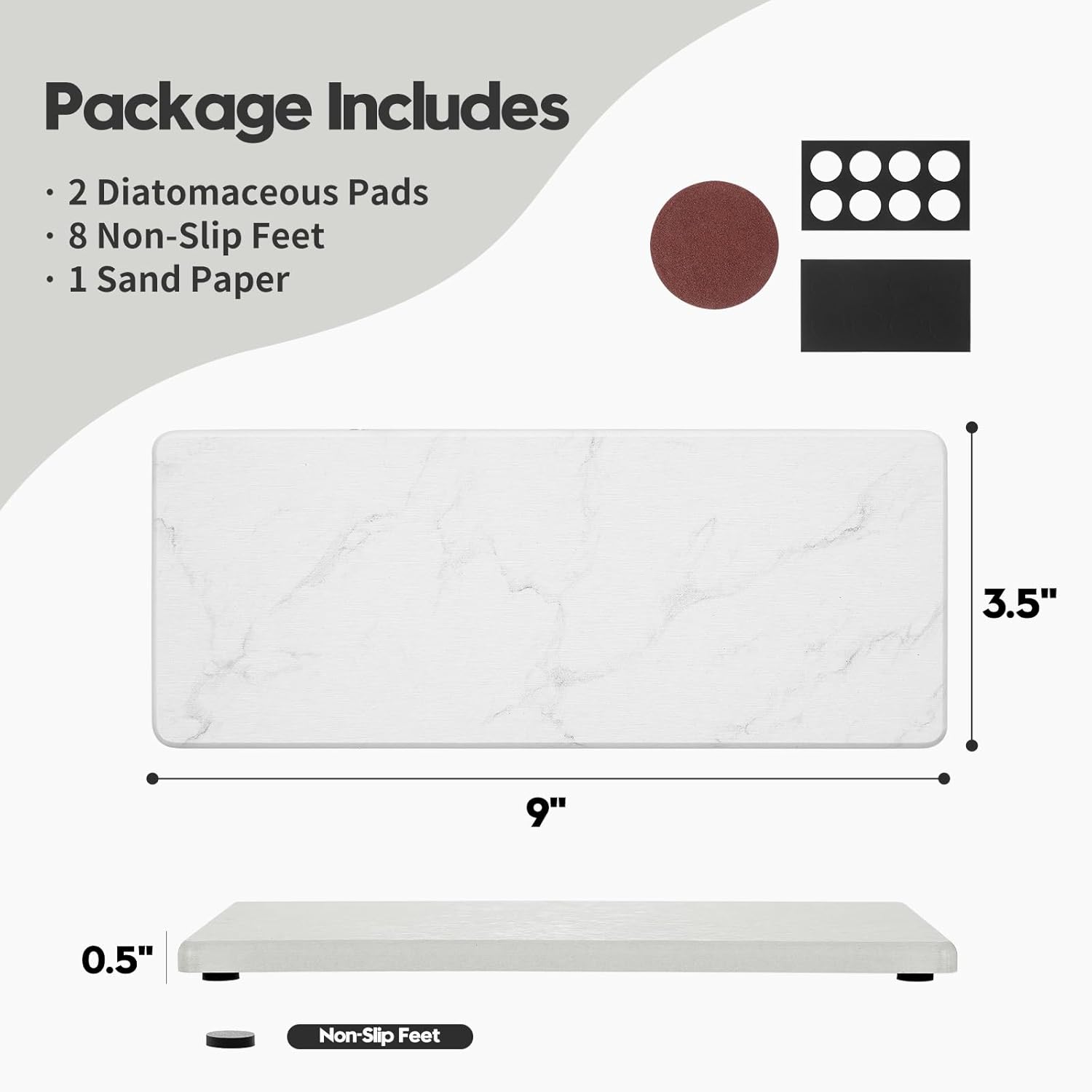 2PCS Diatomite Marble Tray Quick Drying Mat for Kitchen Counter, Water Absorbing Stone Vanity Caddy for Bathroom Sink,Faucet Splash Guard,Soap Dispenser Rack Sponge Holder Organizer, White, 9"x3.5"