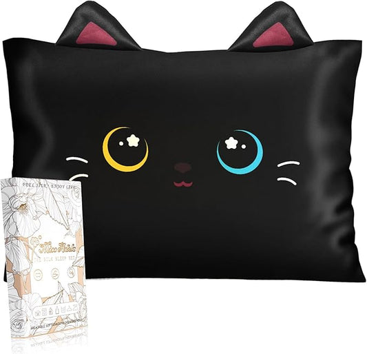 Toddler Pillowcases 13"x18" for Kids - Cute Cartoon Soft Breathable Silk Pillow Cases for Hair and Skin with Hidden Zipper for Girls Fun Kawaii Design for Bedding, Black Cat