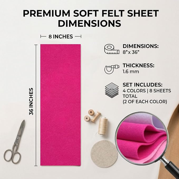 Pink Felt Fabric Sheet 8" X 36", 1.6mm Thick 8 Pack 4 Colors Assorted | Soft - Image 2