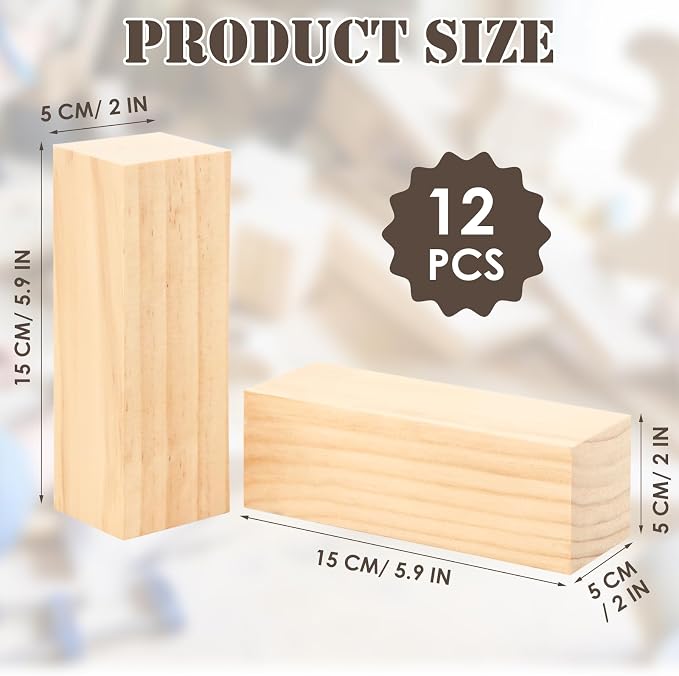 SHUESS 12 Pcs Wood Blocks, 5.9 X 2 X 2 Inch Unfinished Wood Crafts, Wood - Image 2