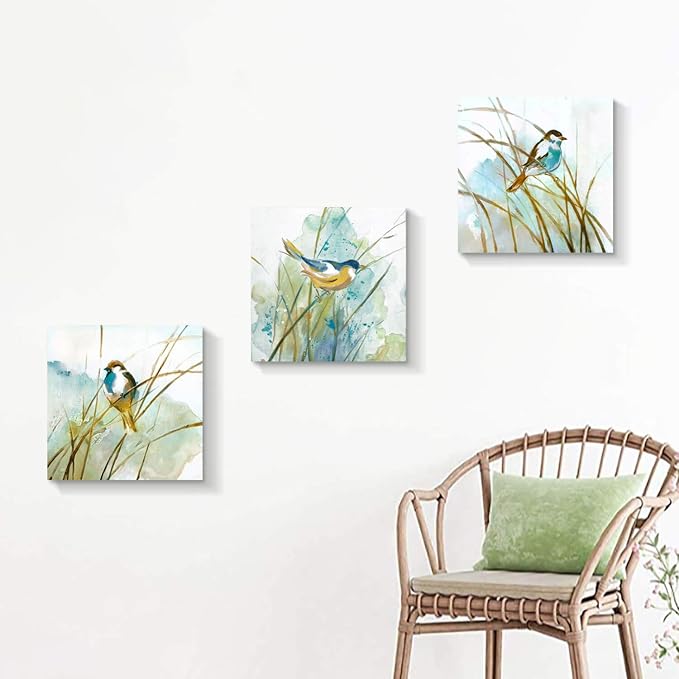 Abstract Birds Canvas Wall Art: Colorful Birds in Grass Artwork Animal Painting - Image 2