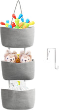 TeoKJ Over the Door Organizer, 3-Tier Woven Cotton Hanging Kitchen Baskets Storage Organizer Bag with Hooks Wall-Mounted Decorative Rope Baskets - Gray