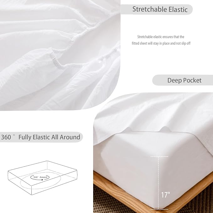 MooMee Fitted Bottom Sheet Only 100% Washed Cotton Linen Like Textured - Image 5