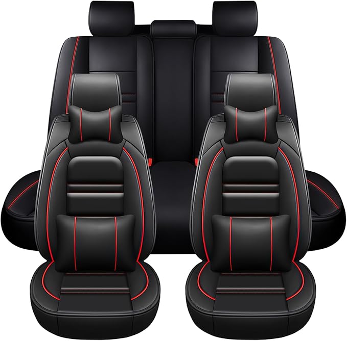 Car Seat Covers for Honda Ridgeline 2006-2025 | 5-Seats Seat Covers, Waterproof Seat Protectors, Automotive Seat Covers (Full Set with Pillow,Black&Red Line)
