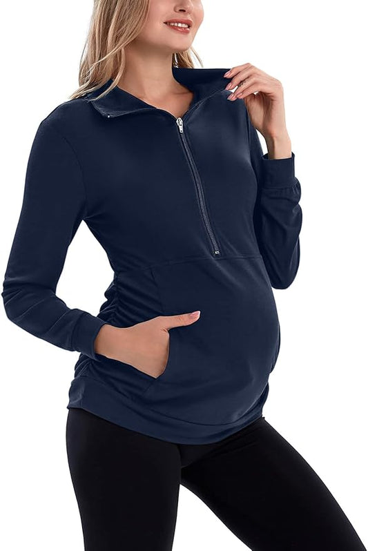 GINKANA Maternity Women's Long Sleeve Shirt Half Zipper Lapel Lightweight Casual Maternity Pullover with Pockets