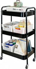 3 Tier Rolling Storage Cart for Kitchen Storage & Laundry Room Organization, Large Capacity Metal Utility Cart on Wheels and 4 Hooks for Art Lash Craft Bedside, Sturdy Nursery Organizer, Black