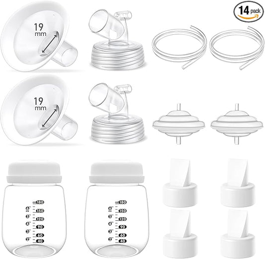 Full Breast Pump Parts with 19mm Oval Soft Rim Flanges and Wide-Mouth Base Connector for Spectra S2 S1 9 Plus SG, Medela, Lansinoh Pumps, Include Flange, Valve, Backflow Protector, Tubing and Bottle