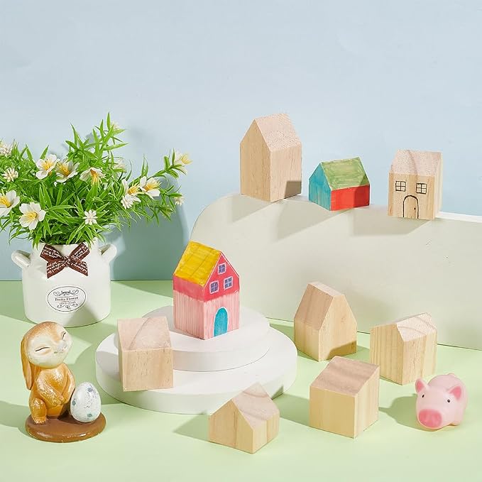 NBEADS 10 Pcs Unfinished Wooden House Shaped Blocks, Large Wood Blocks - Image 4