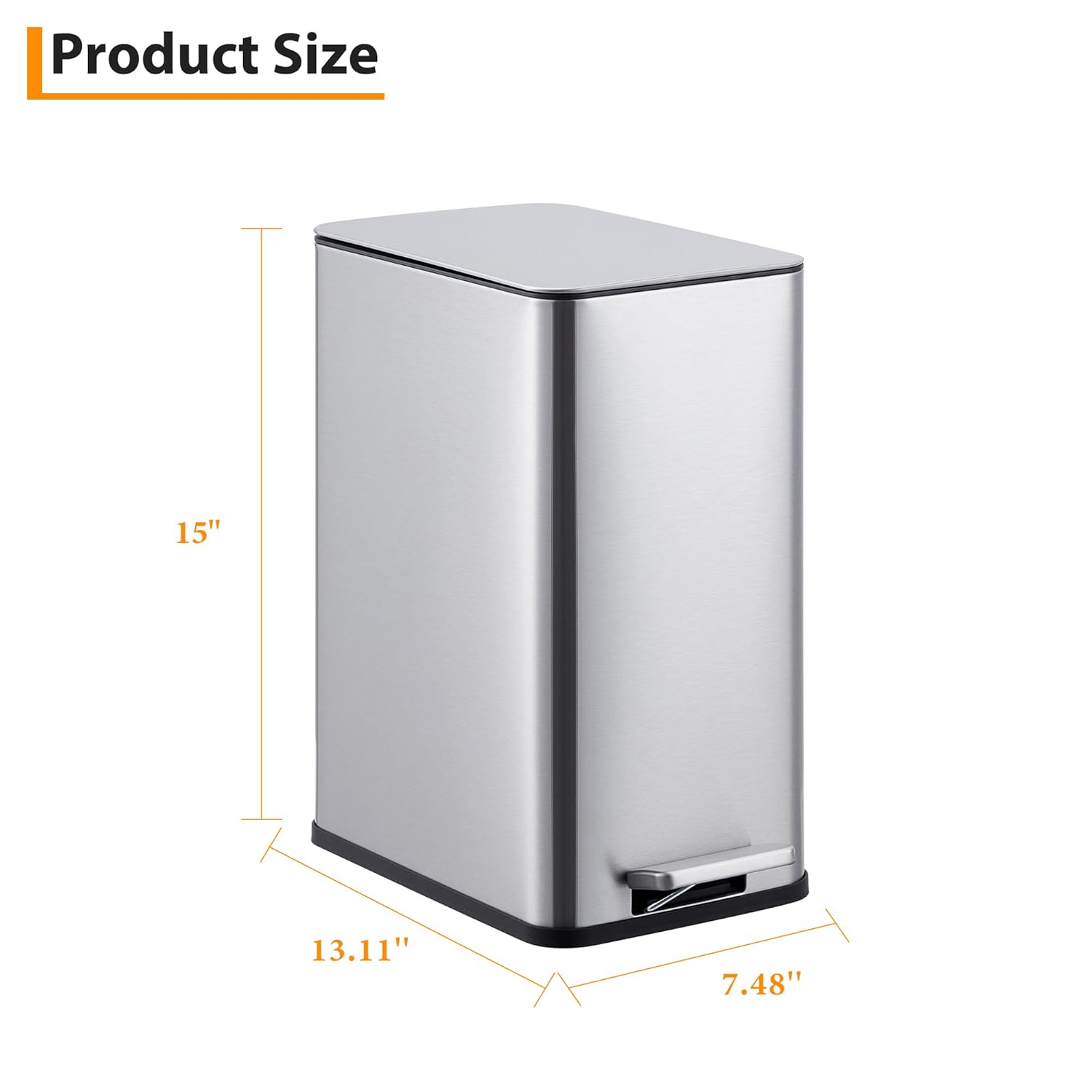 2.6 Gallon Kitchen Trash Can, Stainless Steel Garbage Can with Soft-Close Lid, Step Rubbish Bin with Removable Inner Bucket, Narrow Recycle Bins for Kitchen, Bathroom, Bedroom