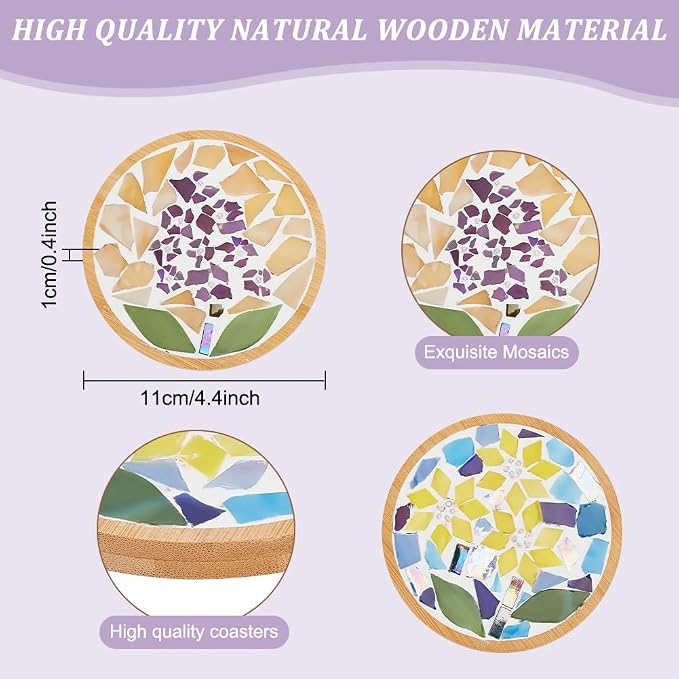 WEBEEDY DIY Mosaic Craft Kit 3 Sets Flower Mosaic Bamboo Coasters Kits - Image 3