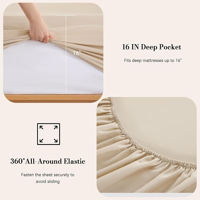 Queen Sheet Set 4 Pieces, Wrinkle Free, Oeko-Tex Certified Bedsheets，Cream - Image 3