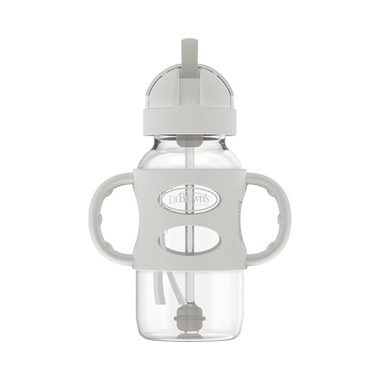 Dr. Brown's Milestones Wide-Neck Sippy Straw Bottle with 100% Silicone Handles and Weighted Straw, 9 oz/270 mL, Gray, 6m+ (Pack of 6)