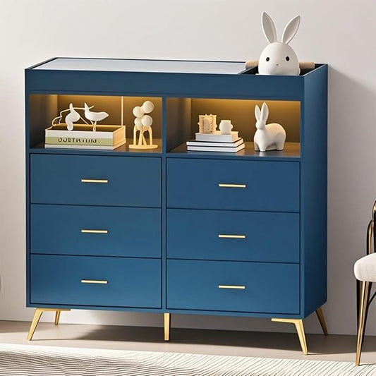 GarveeHome Dresser for Bedroom with 6 Drawers, Baby Changing Table Dresser with Changing Pad, LED Lights & Charging Station, Baby Changing Station with Changing Table Top