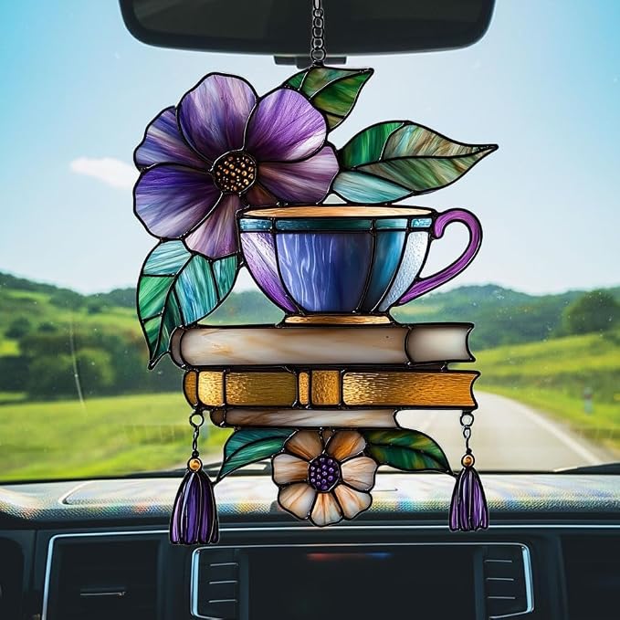 Hibiscus Tea Cup and Books Acrylic Suncatcher Stained Glass Effect Window Car - Image 5