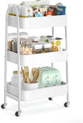 EAGMAK 3 Tier Utility Rolling Cart, Metal Storage Cart with Handle and Lockable Wheels, Multifunctional Storage Organizer Trolley with Mesh Baskets for Kitchen, Living Room, Office, Garage (White)