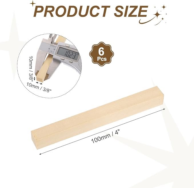 MECCANIXITY 6Pcs Basswood Sticks, 3/8" x 3/8" x 4" Square Wooden Dowel Rods - Image 2
