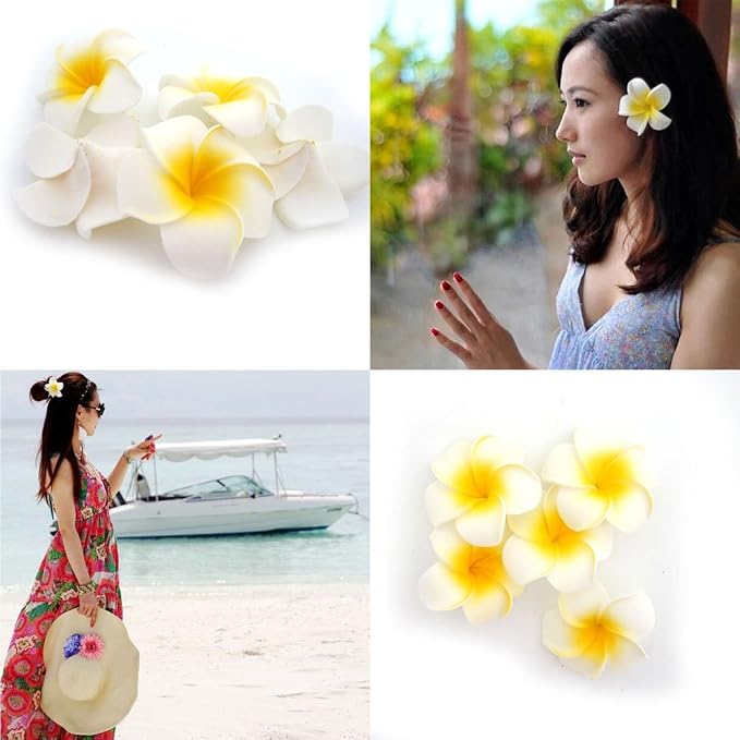 Pursuestar 100Pcs White Foam Hawaiian Frangipani Artificial Plumeria Flower - Image 5