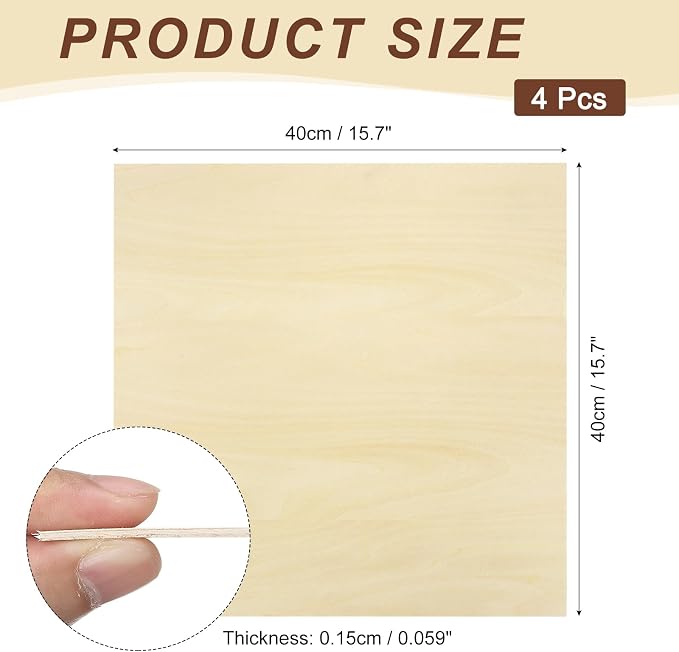 MECCANIXITY 4pcs Basswood Sheet 15" x 15" x 1/16" Thin Unfinished Wood Plywood - Image 2