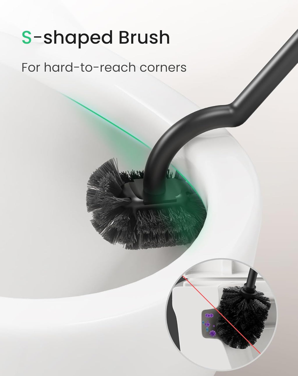 Cesun Toilet Brush and Holder Set - Curved Design Toilet Brush for Deep Cleaning Under Rim, 304 Stainless Steel Toilet Bowl Brush and Holder for Bathroom, Rv, Black(2 Replaceable Brush Head Included)