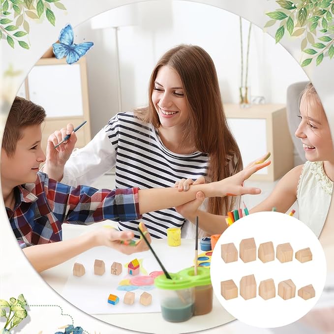 NBEADS 10 Pcs Unfinished Wooden House Shaped Blocks, Large Wood Blocks - Image 5
