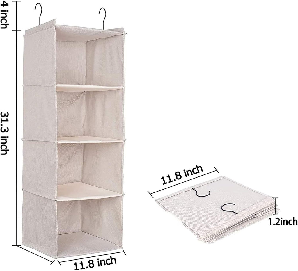 Hanging Closet Organizer and Storage, Foldable 4-Shelf Wardrobe Clothes Shelves Organizer, Imitation Linen Fabric, Beige Houndstooth