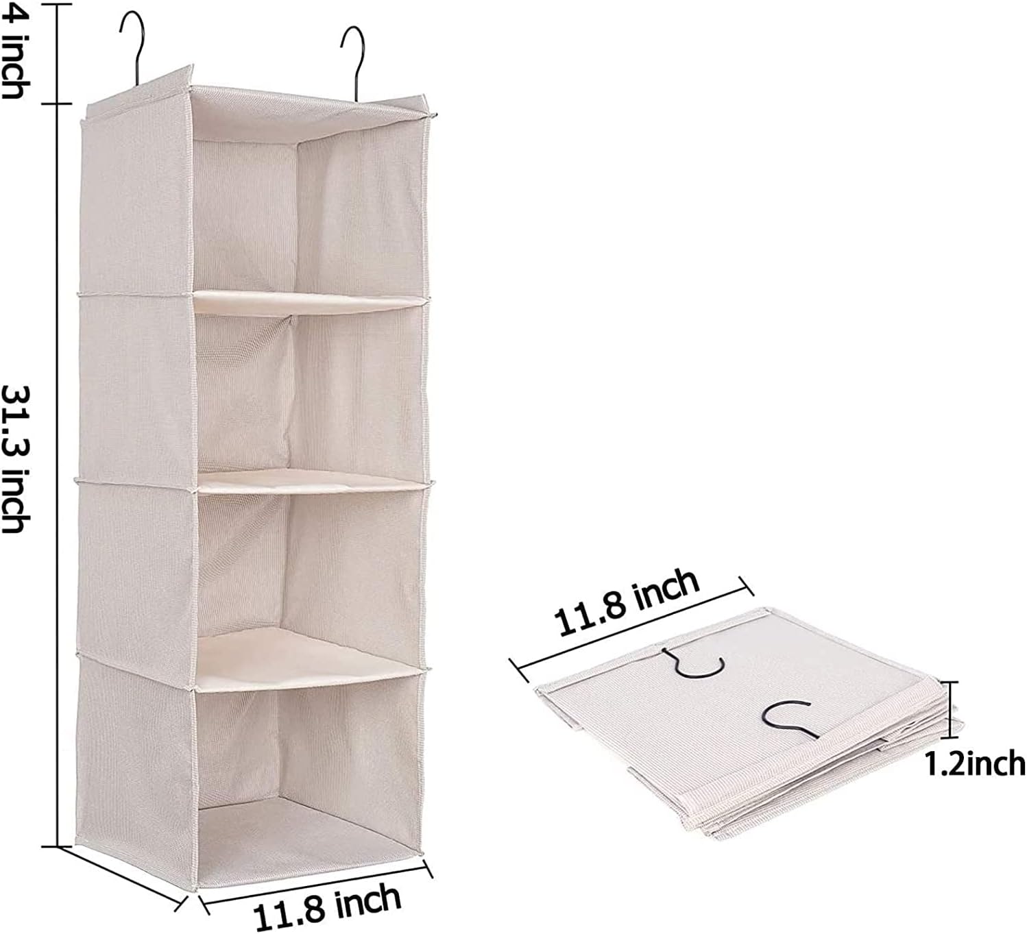Hanging Closet Organizer and Storage, Foldable 4-Shelf Wardrobe Clothes Shelves Organizer, Imitation Linen Fabric, Beige Houndstooth
