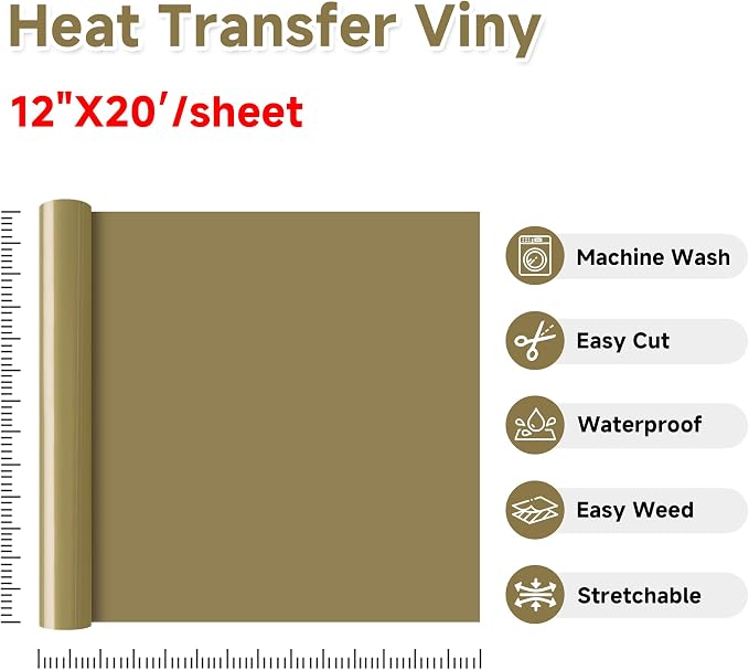 RENLITONG Soil Golden Iron on Vinyl 12Inch by 20ft Roll Heat Transfer Vinyl - Image 2